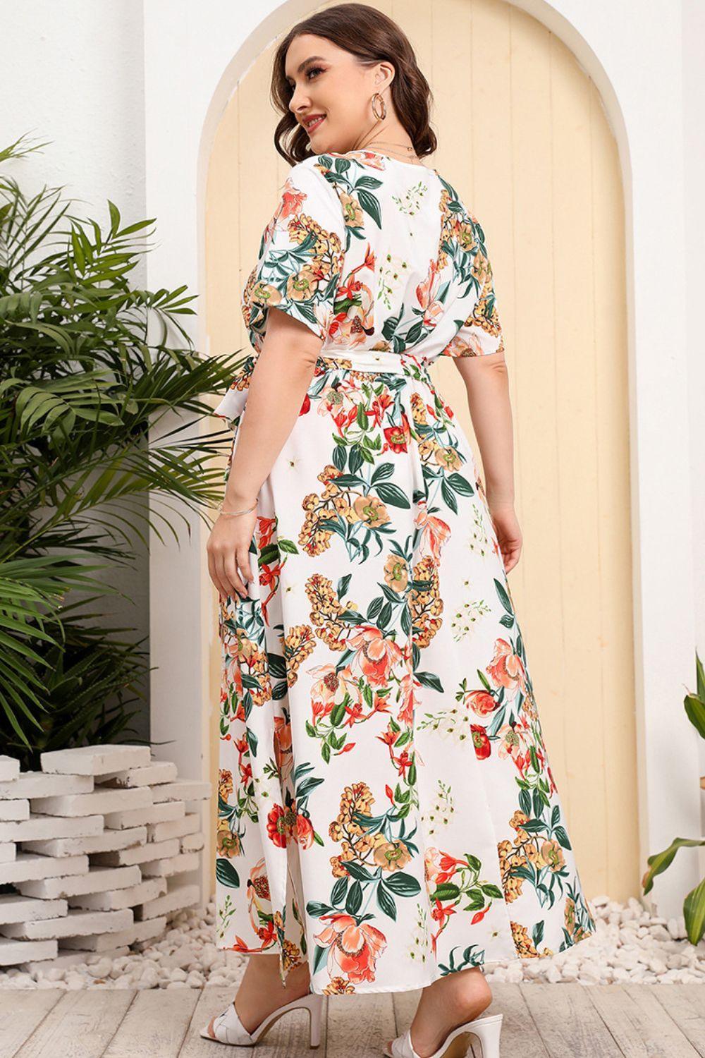 Tie Waist Floral Plus Size Surplice Maxi Dress - MXSTUDIO.COM