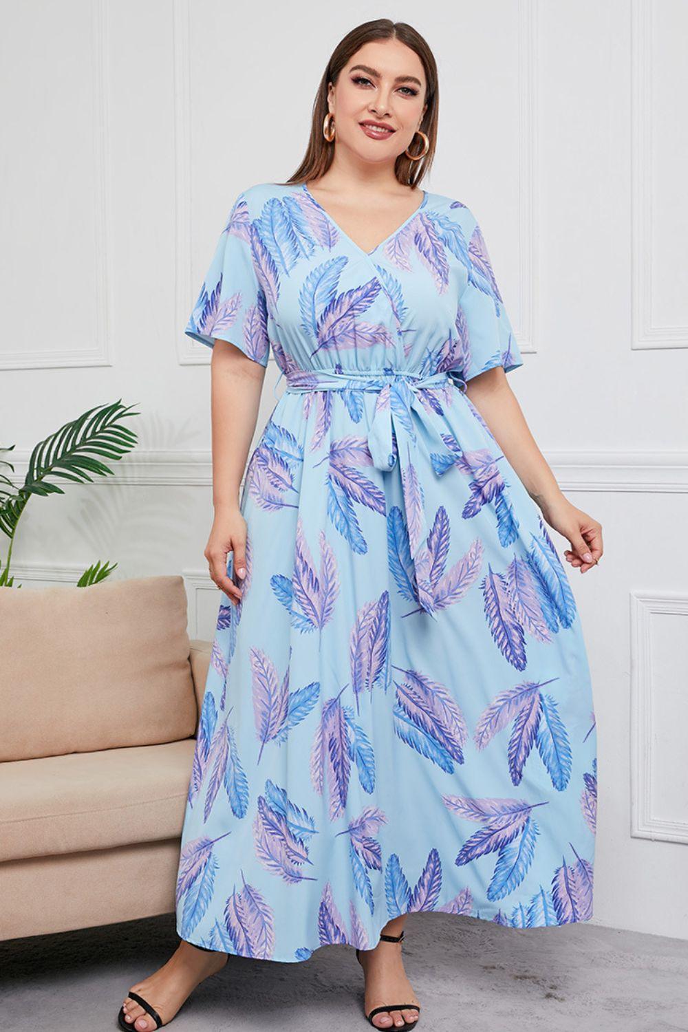 Tie Waist Floral Plus Size Surplice Maxi Dress - MXSTUDIO.COM