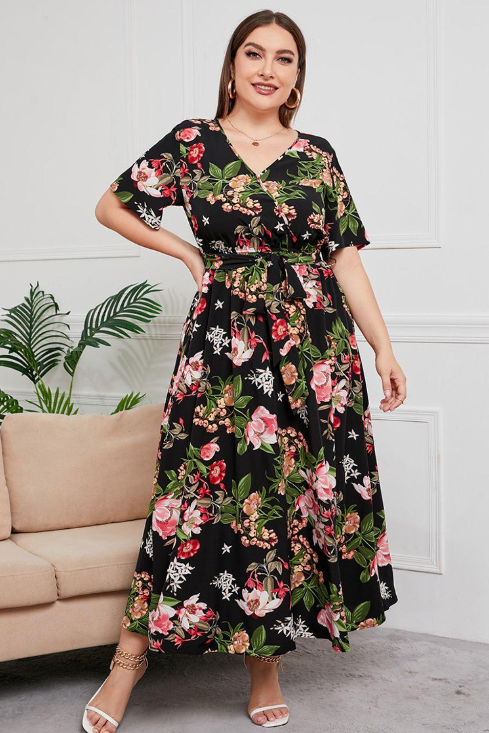 Tie Waist Floral Plus Size Surplice Maxi Dress - MXSTUDIO.COM