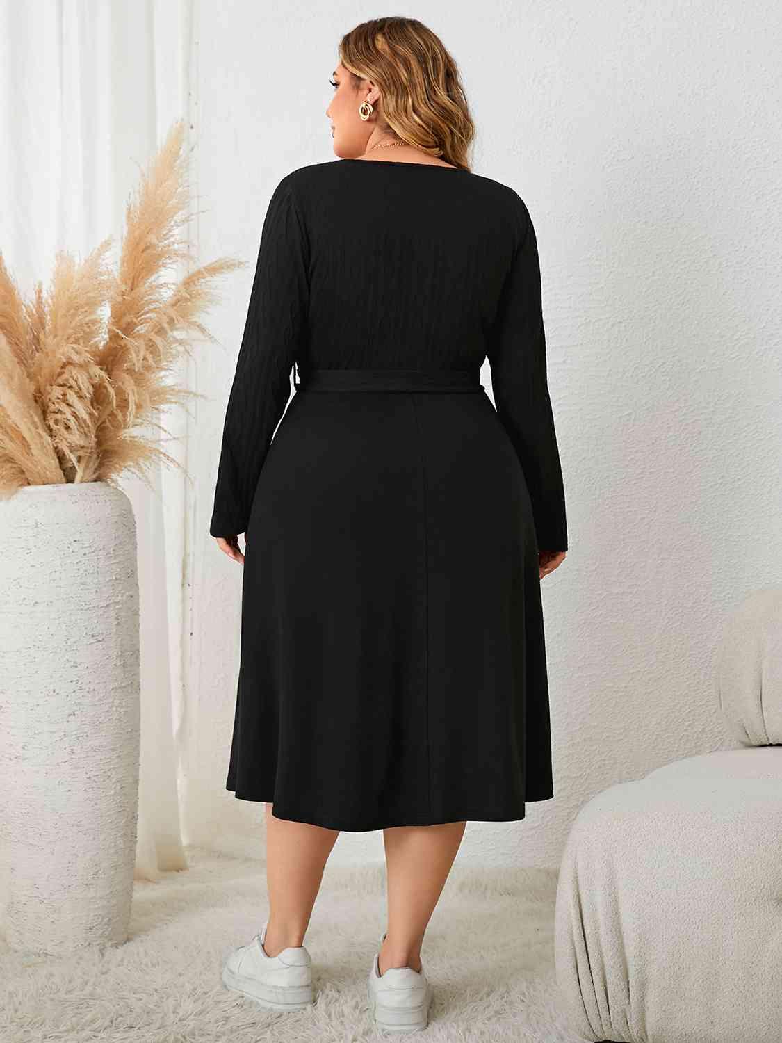 Tie Waist Plus Size Black Midi Dress - MXSTUDIO.COM