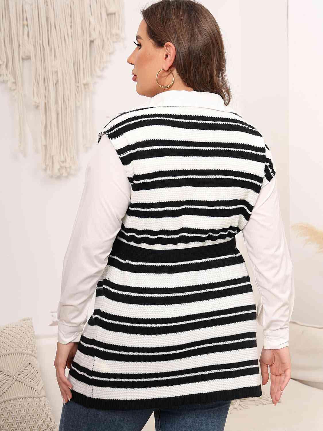 Tied Front Striped Plus Size Sweater Vest - MXSTUDIO.COM