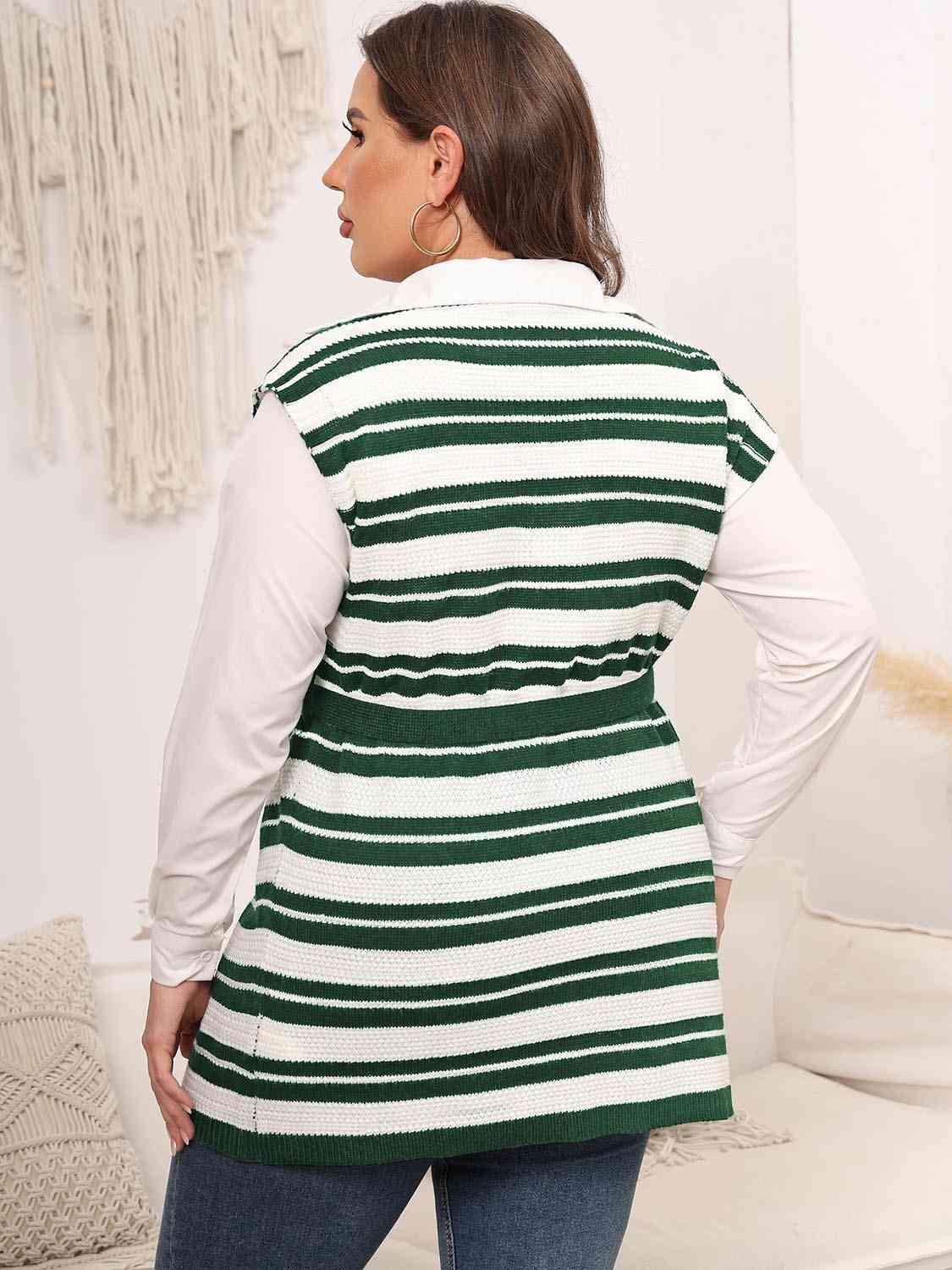 Tied Front Striped Plus Size Sweater Vest - MXSTUDIO.COM