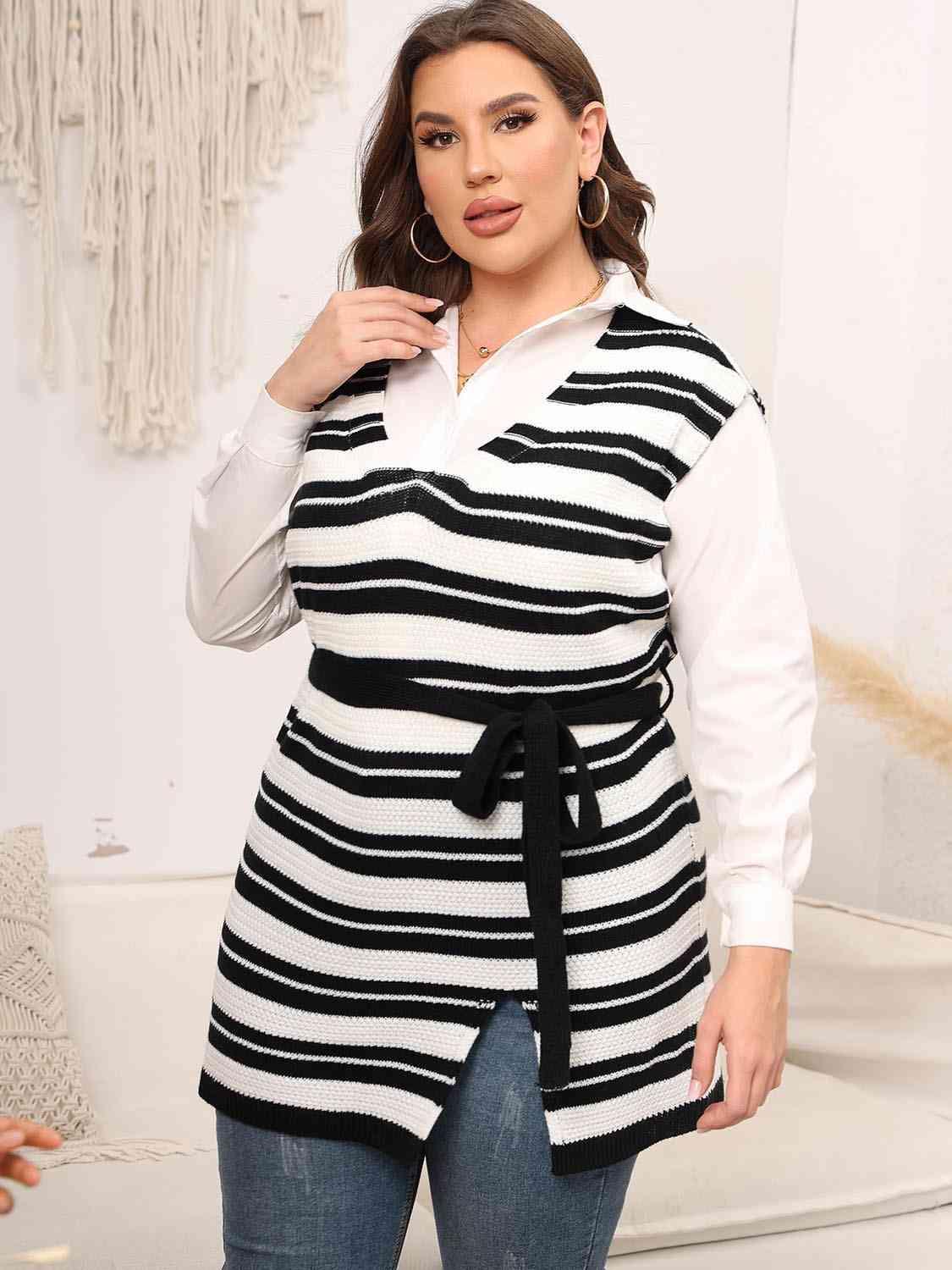 Tied Front Striped Plus Size Sweater Vest - MXSTUDIO.COM