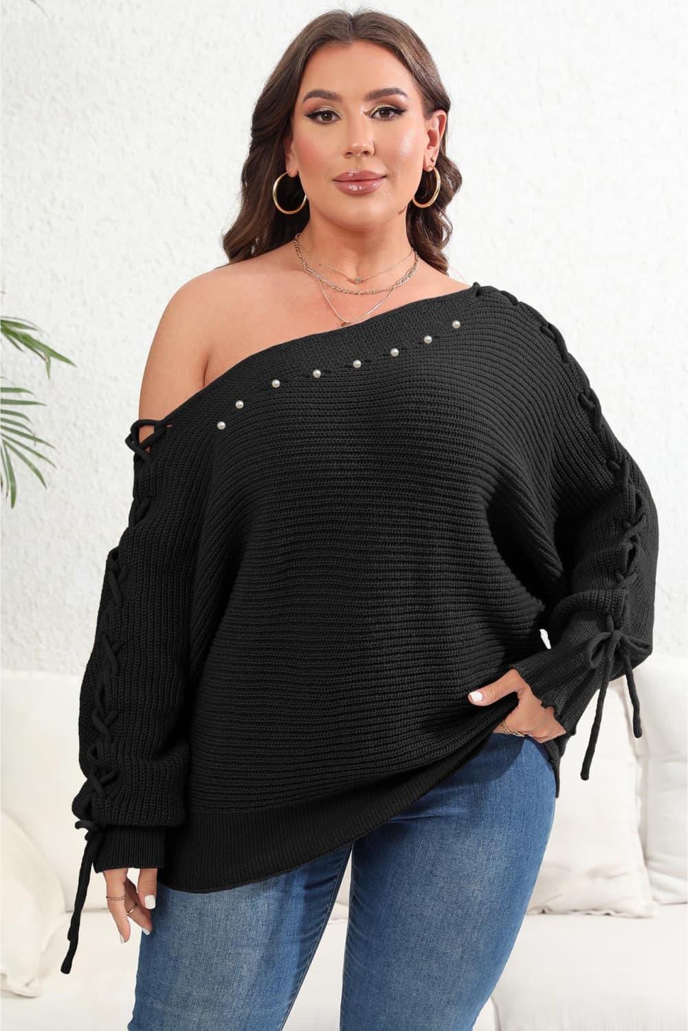 Tied Sleeves One Shoulder Beaded Plus Size Womens Sweater - MXSTUDIO.COM