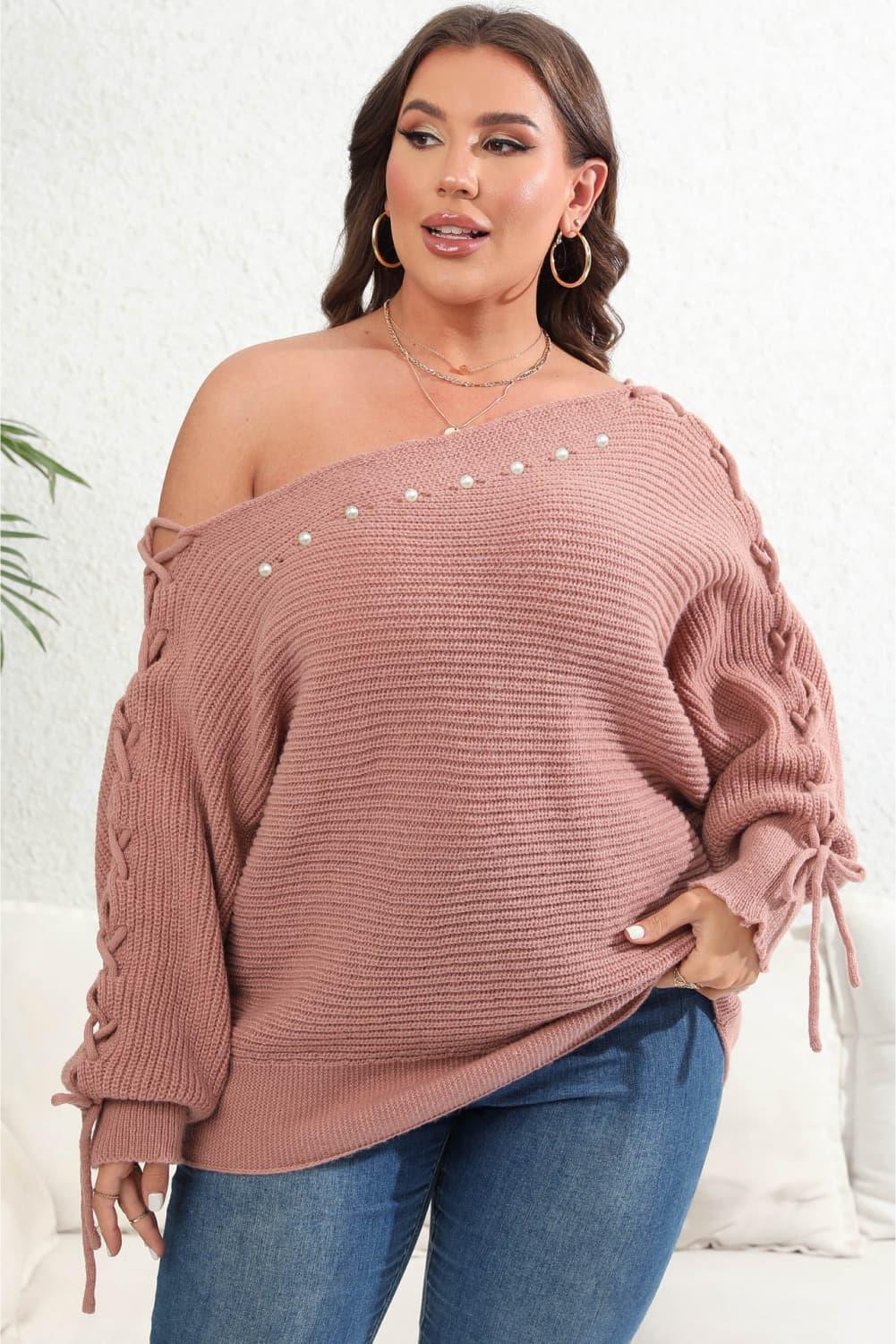 Tied Sleeves One Shoulder Beaded Plus Size Womens Sweater - MXSTUDIO.COM