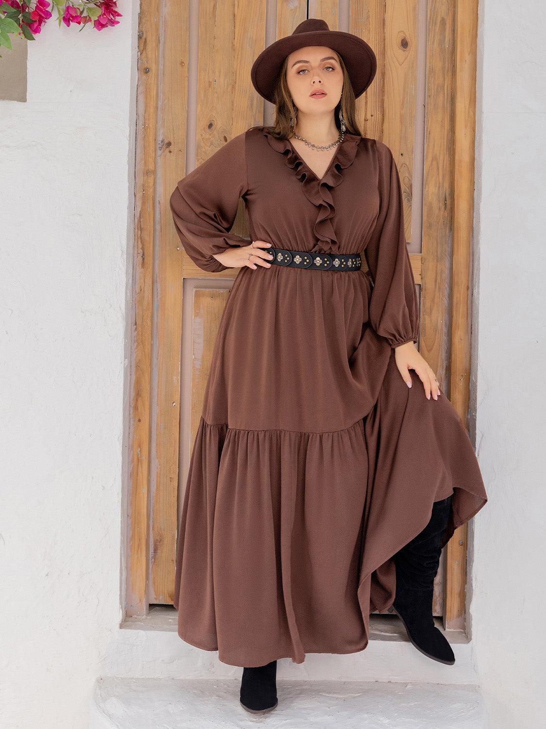 Timeless Ruffle Trim Plus Size Long Sleeve Maxi Dress - MXSTUDIO.COM