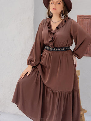 Timeless Ruffle Trim Plus Size Long Sleeve Maxi Dress - MXSTUDIO.COM