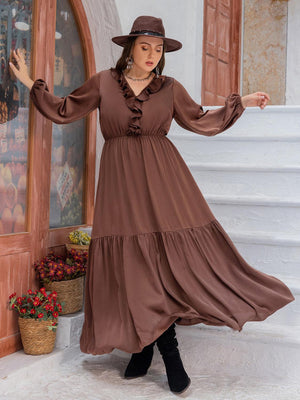 Timeless Ruffle Trim Plus Size Long Sleeve Maxi Dress - MXSTUDIO.COM