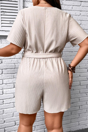 Trip-Primed Surplice Neck Beige Plus Size Romper - MXSTUDIO.COM