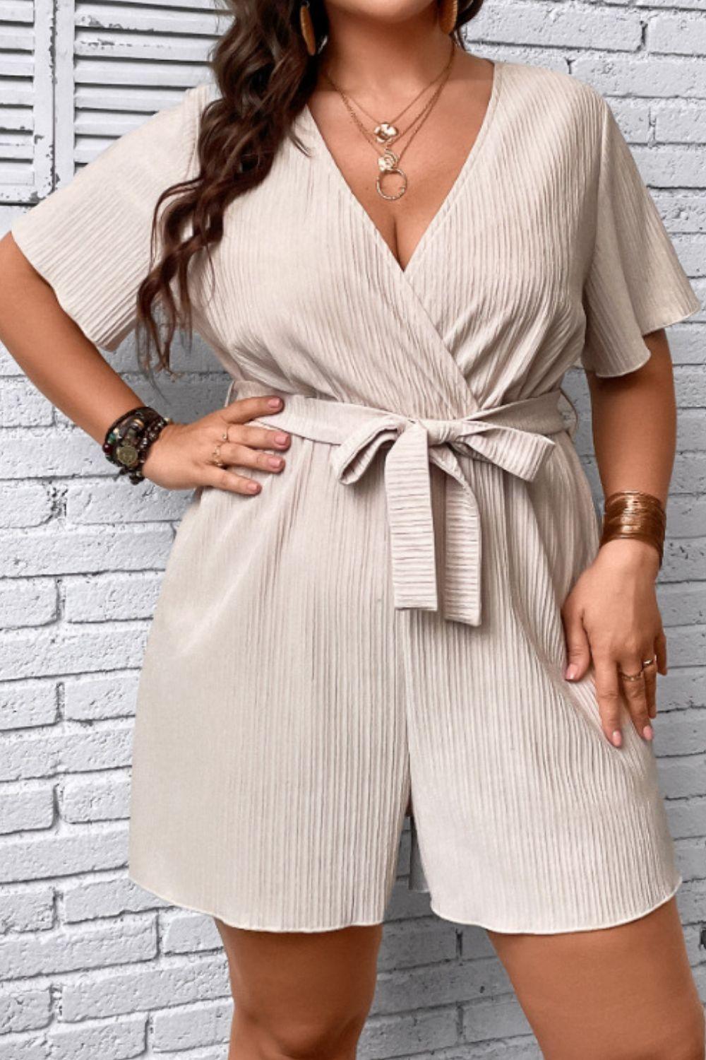 Trip-Primed Surplice Neck Beige Plus Size Romper - MXSTUDIO.COM