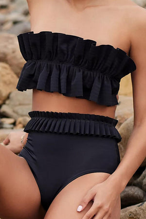 Tropical Getaway Ruffled Black Two Piece Swimsuit - MXSTUDIO.COM