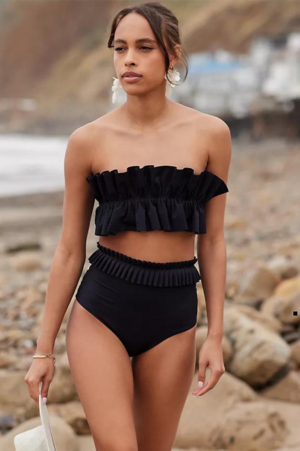 Tropical Getaway Ruffled Black Two Piece Swimsuit - MXSTUDIO.COM