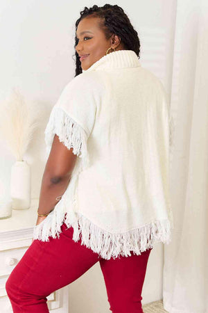 Turtle Neck Fringe Accent Ivory Plus Size Poncho Top - MXSTUDIO.COM