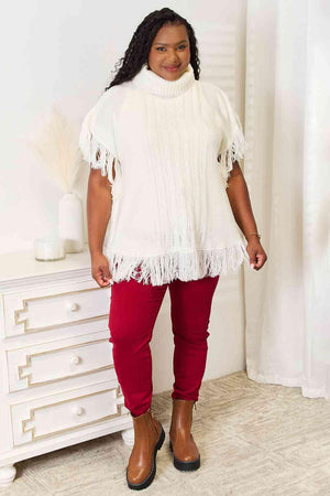 Turtle Neck Fringe Accent Ivory Plus Size Poncho Top - MXSTUDIO.COM