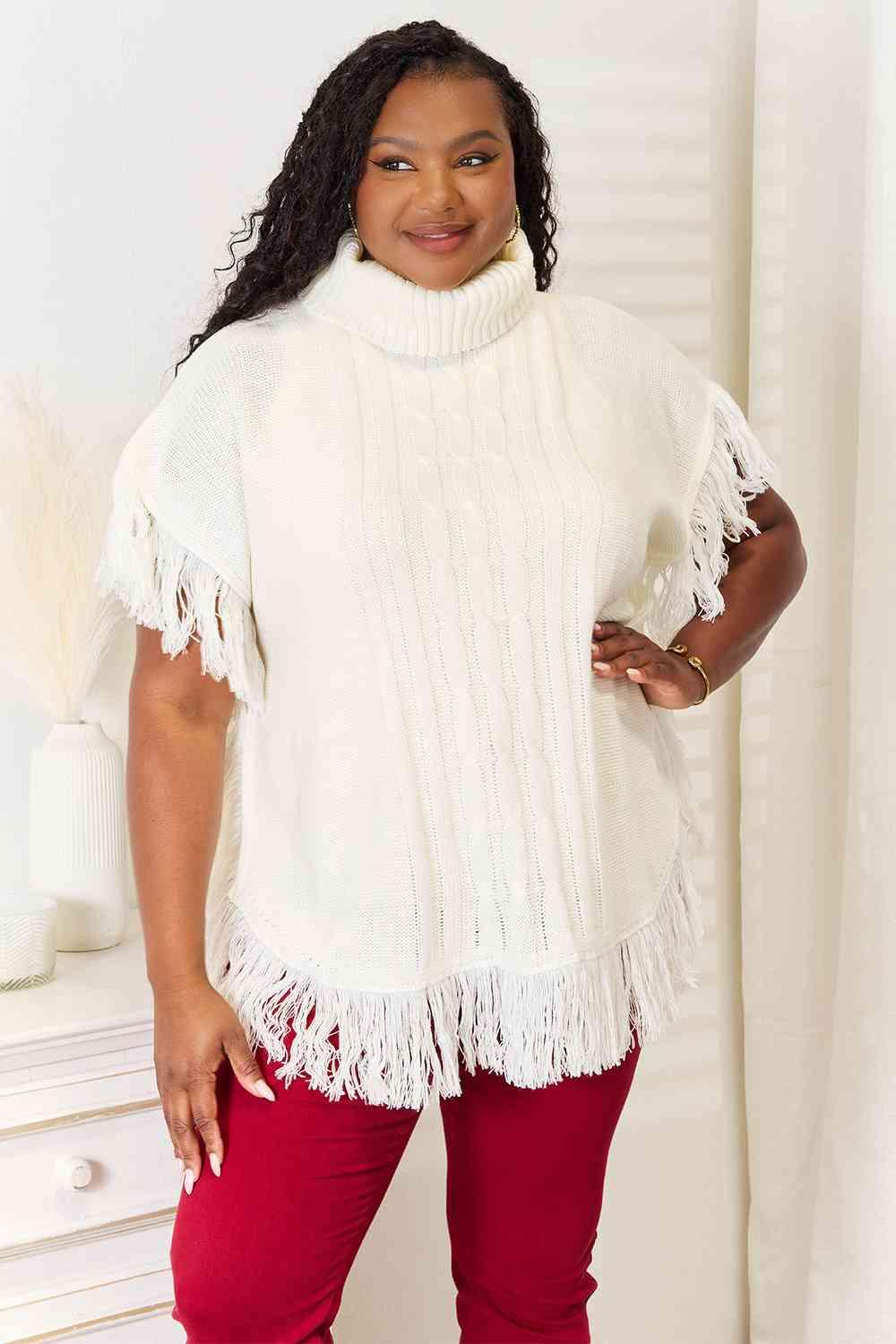 Turtle Neck Fringe Accent Ivory Plus Size Poncho Top - MXSTUDIO.COM