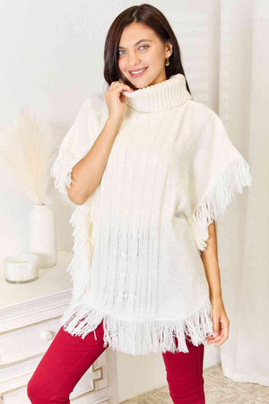 Turtle Neck Fringe Accent Ivory Plus Size Poncho Top - MXSTUDIO.COM