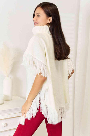 Turtle Neck Fringe Accent Ivory Plus Size Poncho Top - MXSTUDIO.COM