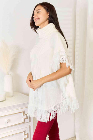 Turtle Neck Fringe Accent Ivory Plus Size Poncho Top - MXSTUDIO.COM