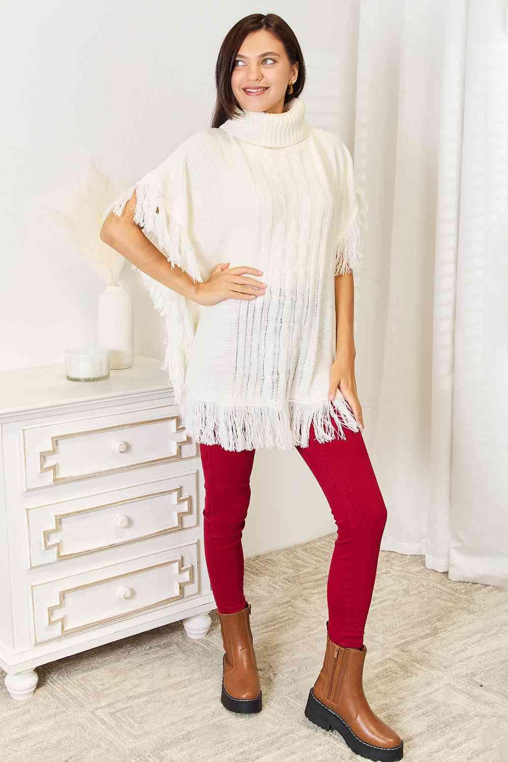 Turtle Neck Fringe Accent Ivory Plus Size Poncho Top - MXSTUDIO.COM