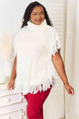 Turtle Neck Fringe Accent Ivory Plus Size Poncho Top - MXSTUDIO.COM