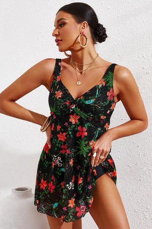 Twist Front Sleeveless V Neck Swim Dress - MXSTUDIO.COM