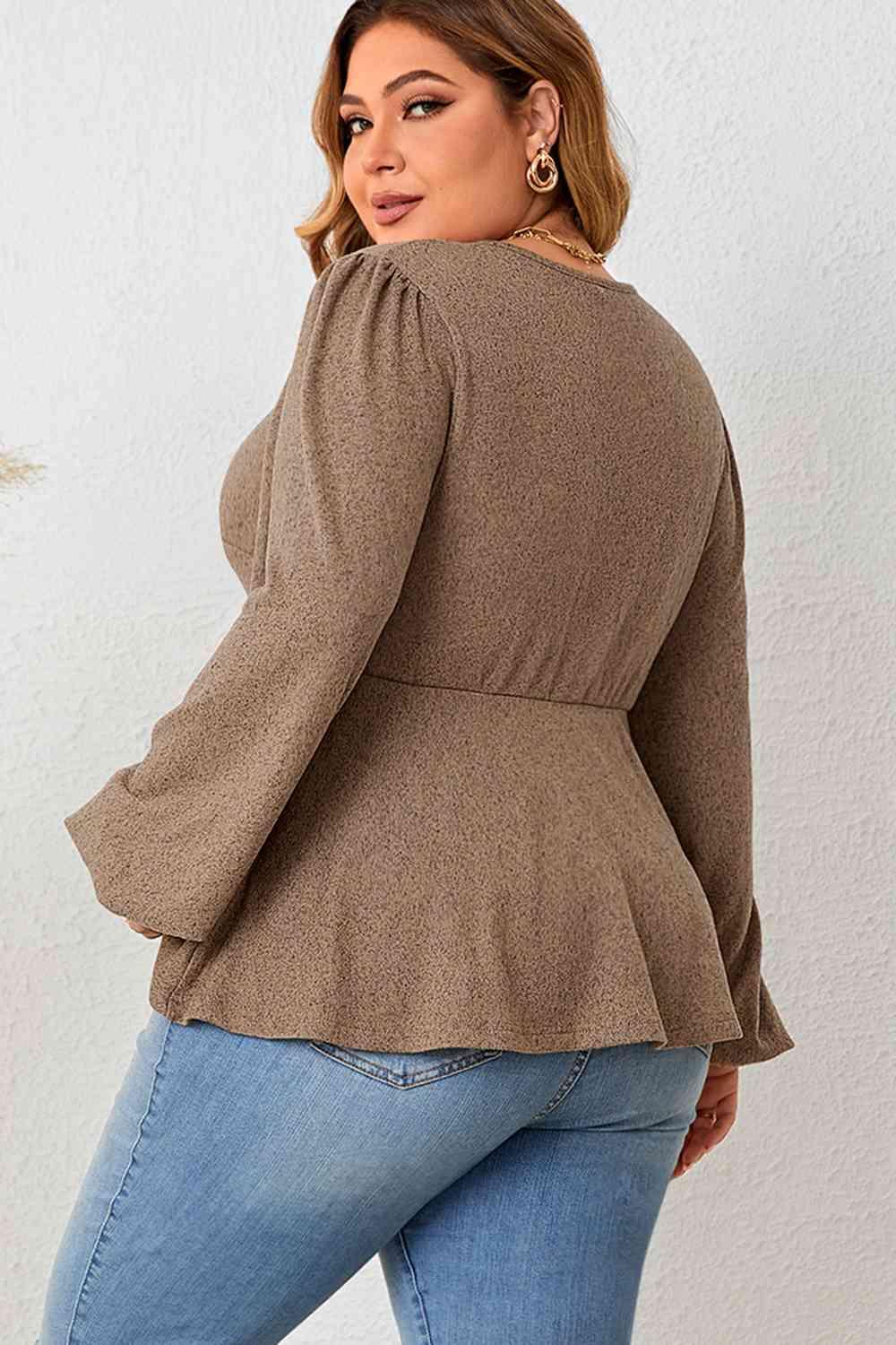 Twisted Front Taupe Plus Balloon Sleeve Blouse - MXSTUDIO.COM