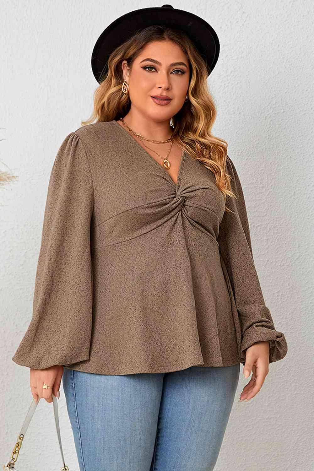 Twisted Front Taupe Plus Balloon Sleeve Blouse - MXSTUDIO.COM