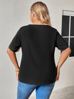 Two Tone Chain Detail Plus Size V-Neck Blouse - MXSTUDIO.COM