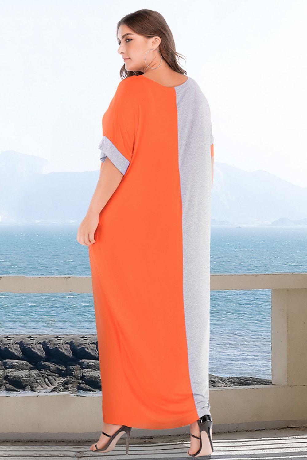 Two-Tone Plus Size Half Sleeve Maxi Tee Dress - MXSTUDIO.COM