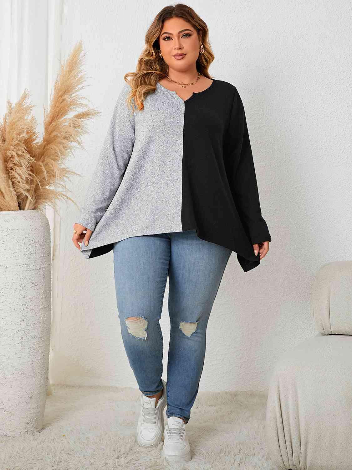 Two Tone Plus Size Long Sleeve T-Shirt - MXSTUDIO.COM