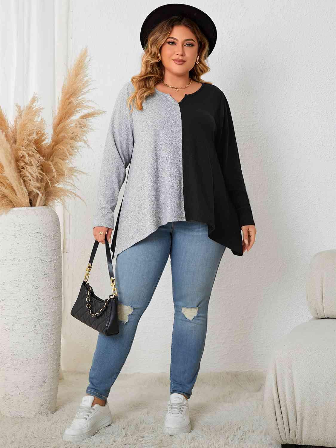 Two Tone Plus Size Long Sleeve T-Shirt - MXSTUDIO.COM