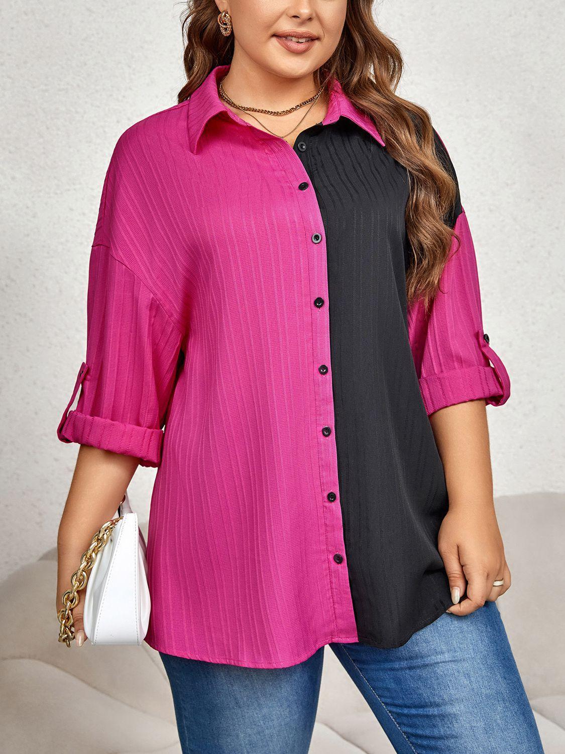 Two Tone Roll-Tap Sleeve Plus Size Button Down Shirt - MXSTUDIO.COM