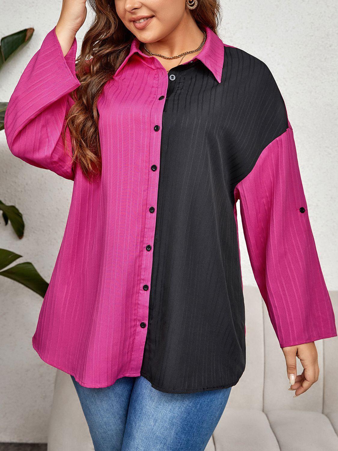 Two Tone Roll-Tap Sleeve Plus Size Button Down Shirt - MXSTUDIO.COM