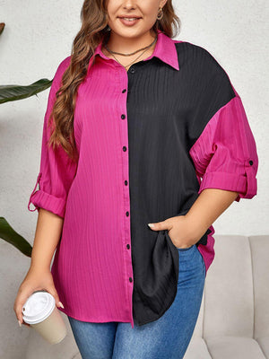 Two Tone Roll-Tap Sleeve Plus Size Button Down Shirt - MXSTUDIO.COM