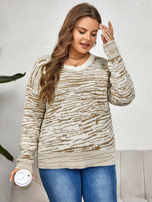 Two Tone Round Neck Plus Size Womens Sweater - MXSTUDIO.COM