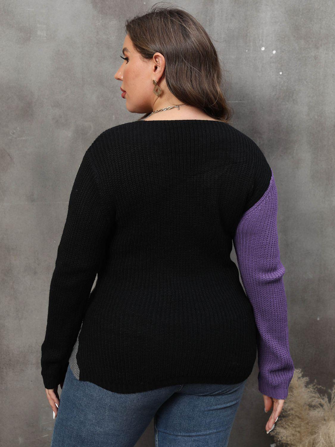Two-Tone Surplice Neck Plus Size Womens Sweater - MXSTUDIO.COM