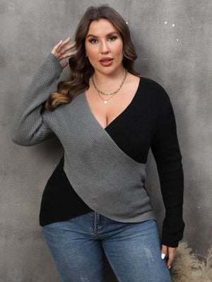 Two-Tone Surplice Neck Plus Size Womens Sweater - MXSTUDIO.COM