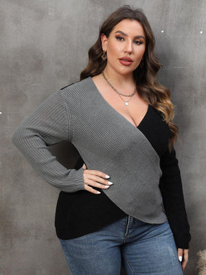 Two-Tone Surplice Neck Plus Size Womens Sweater - MXSTUDIO.COM