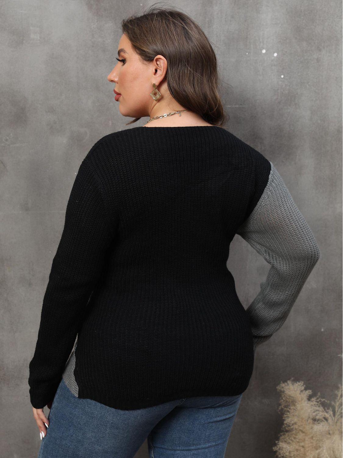 Two-Tone Surplice Neck Plus Size Womens Sweater - MXSTUDIO.COM