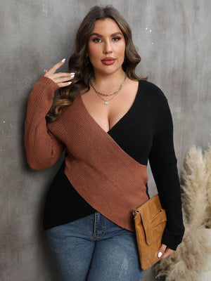 Two-Tone Surplice Neck Plus Size Womens Sweater - MXSTUDIO.COM