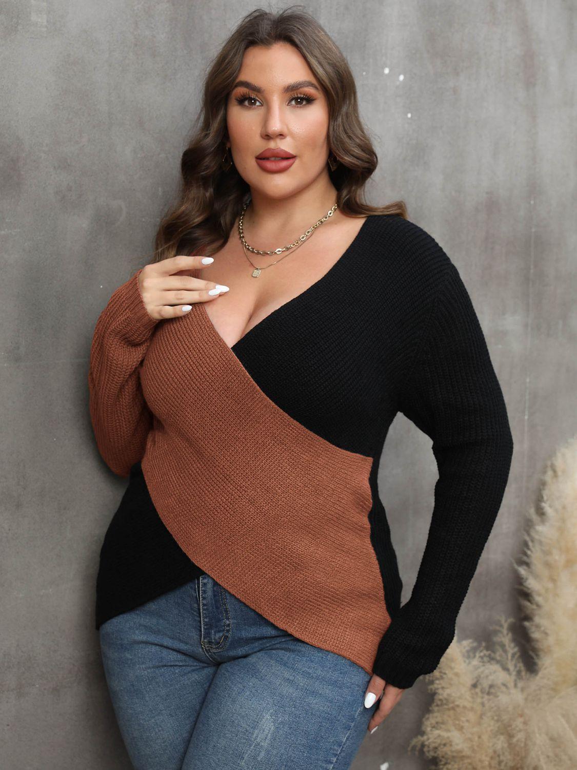 Two-Tone Surplice Neck Plus Size Womens Sweater - MXSTUDIO.COM