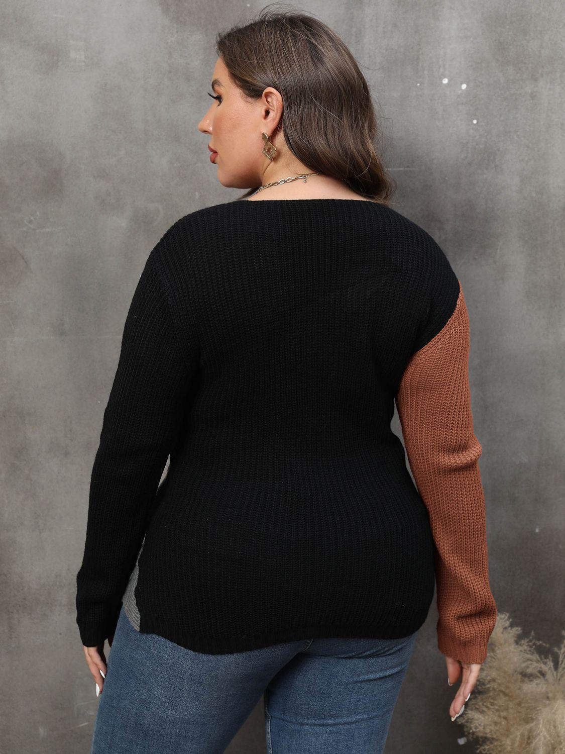 Two-Tone Surplice Neck Plus Size Womens Sweater - MXSTUDIO.COM