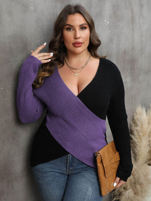 Two-Tone Surplice Neck Plus Size Womens Sweater - MXSTUDIO.COM