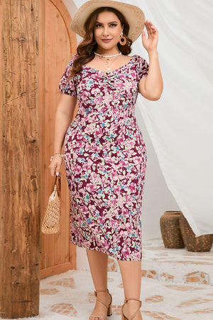 Typical Floral Slit Plus Size Ruched Midi Dress - MXSTUDIO.COM