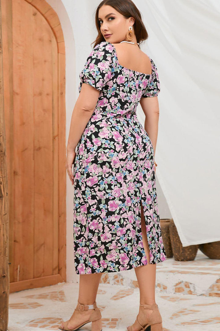 Typical Floral Slit Plus Size Ruched Midi Dress - MXSTUDIO.COM