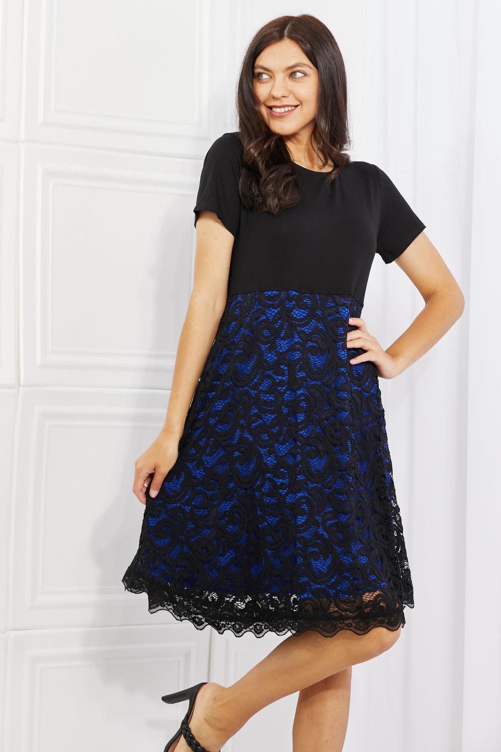 Unique Dream Contrasting Navy Lace Midi Dress - MXSTUDIO.COM