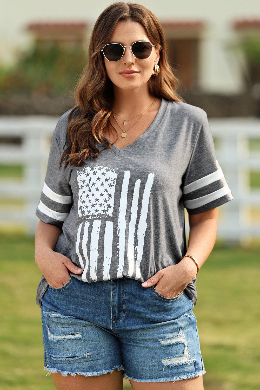 US Flag Graphic Plus Size V-Neck T Shirt - MXSTUDIO.COM