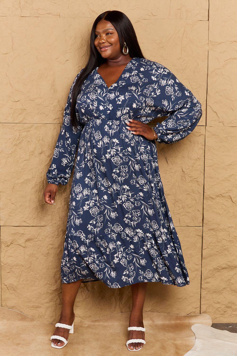 Vivacious Long Sleeve Plus Size Midi Dress - MXSTUDIO.COM