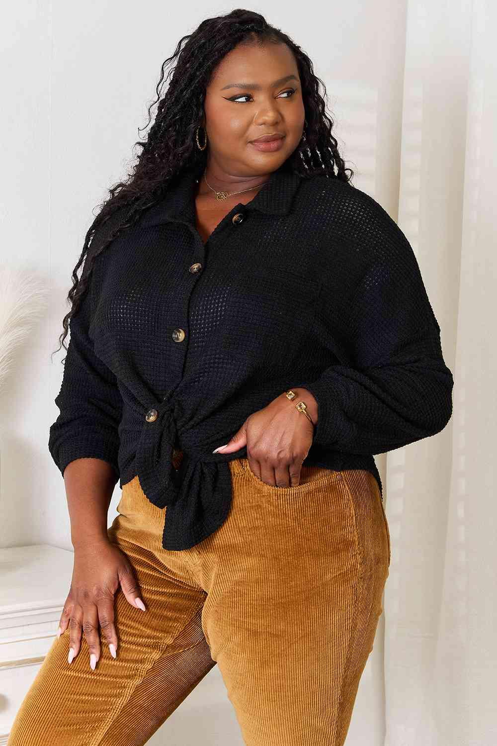 Waffle-Knit Dropped Shoulder Plus Size Black Shirt - MXSTUDIO.COM