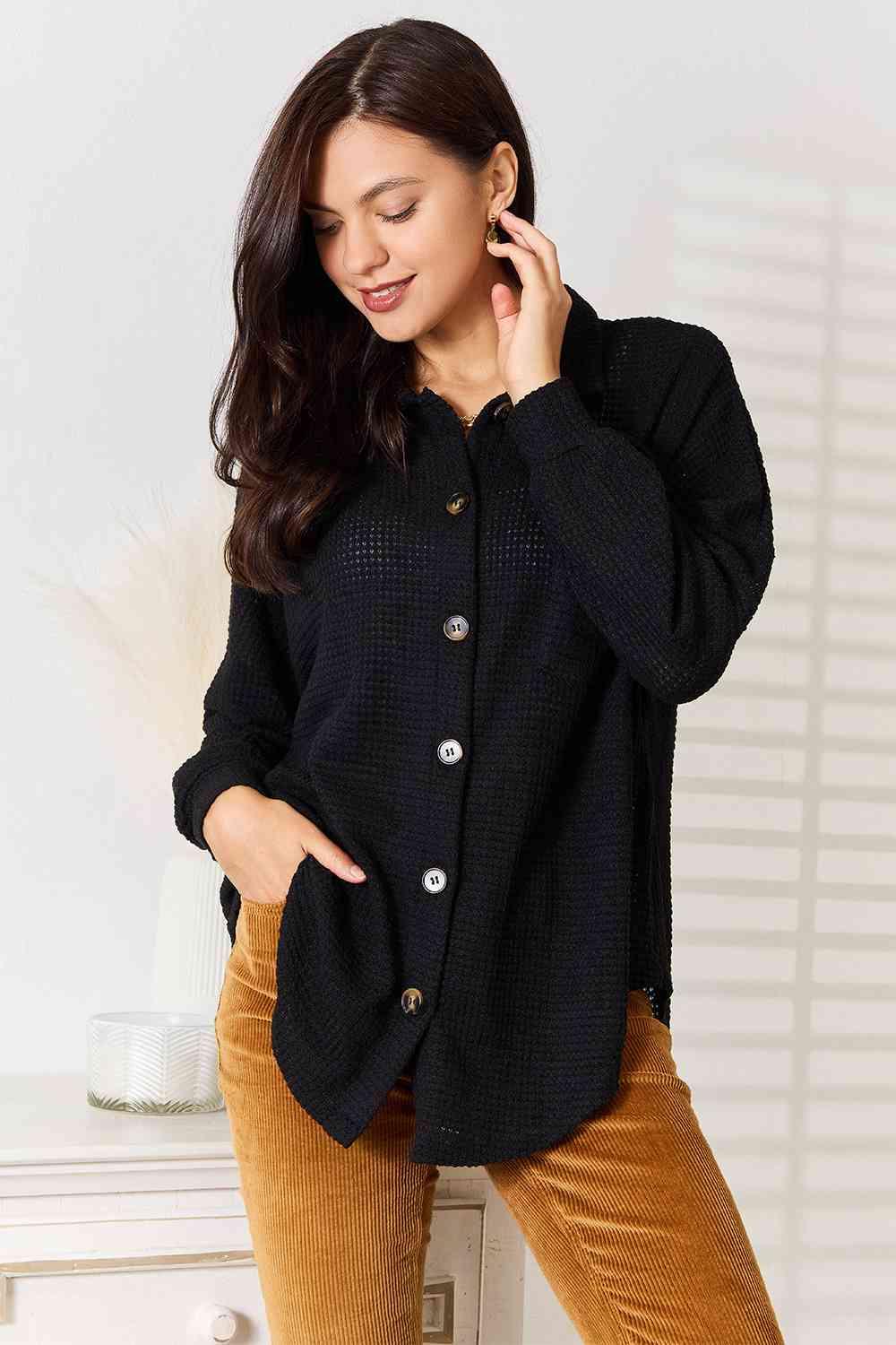 Waffle-Knit Dropped Shoulder Plus Size Black Shirt - MXSTUDIO.COM